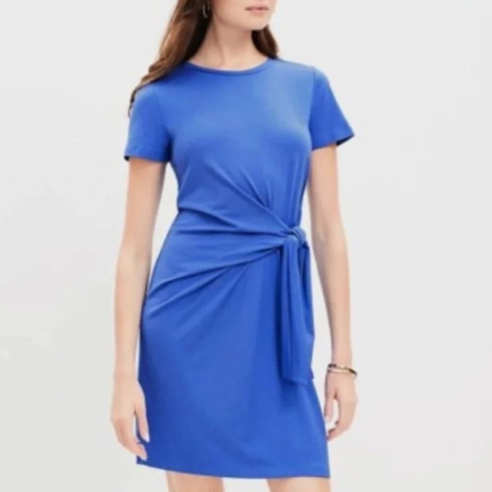 Loft Tie Front T-Shirt Dress Medium Bright Water Blue Short Sleeve Cotton Blend